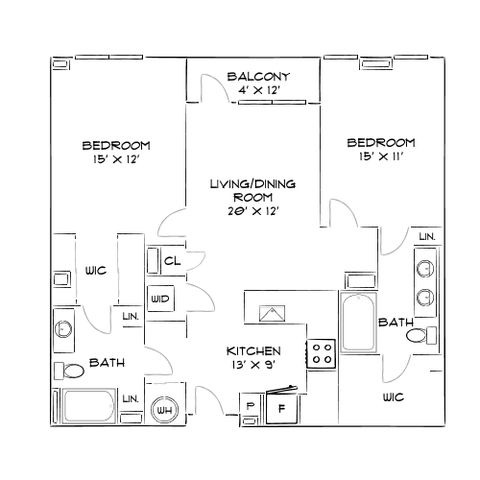 Charming floor plan with 2 bedrooms, spacious living/dining room, modern kitchen, and private balcony.