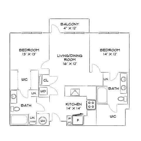 Modern 2D floor plan featuring 2 bedrooms, a spacious living/dining area, balcony, and fully-equipped kitchen.