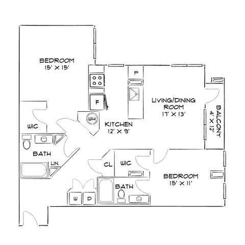Elegant floor plan showcasing 2 spacious bedrooms, open living/dining area, and a well-equipped kitchen with balcony access.