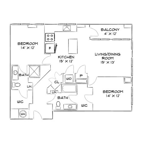 Contemporary floor plan featuring 2 bedrooms with walk-in closets, an open kitchen and living/dining area, and a cozy balcony.