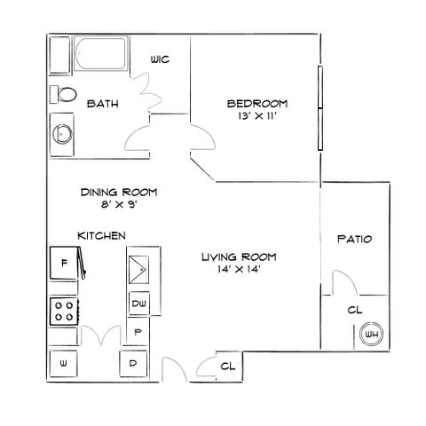 Chic floor plan showcasing a spacious 1-bedroom layout with open living and dining area, modern kitchen, and private patio.