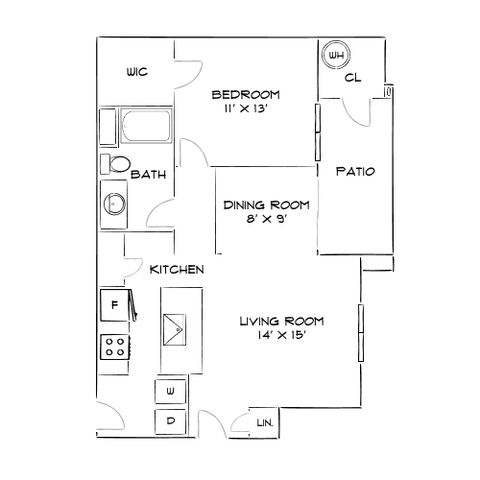 Charming floor plan featuring a spacious living room, cozy bedroom, dining room, and modern kitchen with patio access.