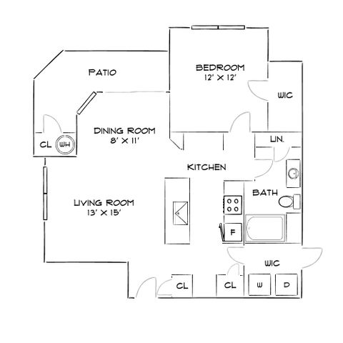 Inviting floor plan showcasing 1 bedroom, spacious living room, dining area, kitchen, and patio. Includes bathroom and ample storage space.