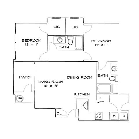 Modern 2D floor plan showcasing 2 spacious bedrooms, open living and dining area, sleek kitchen, and a cozy patio.