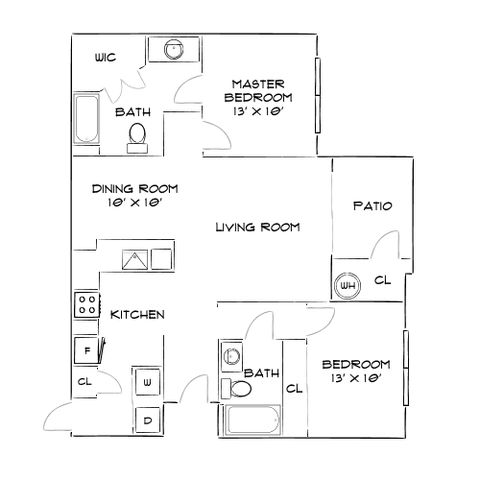 Charming floor plan featuring a master bedroom, open living and dining area, spacious kitchen, and a private patio.