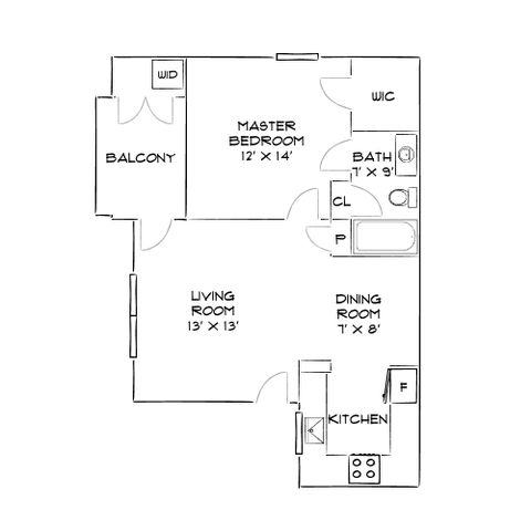 Charming 2D floor plan showcasing a master bedroom, spacious living and dining area, balcony, and a sleek kitchen design.
