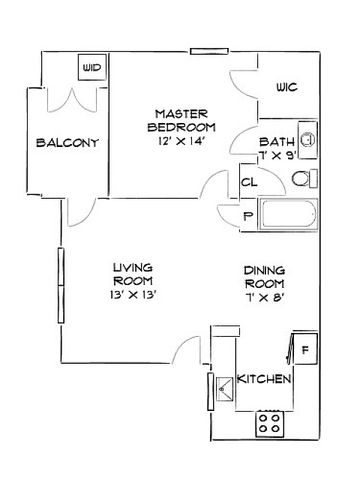 Charming floor plan showcasing a spacious master bedroom with balcony access, a cozy living room, dining area, and efficient kitchen layout.