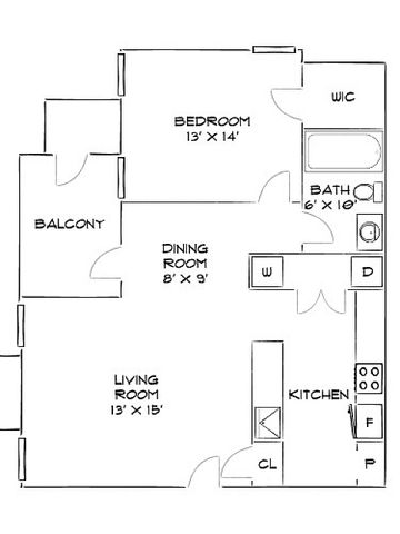 Charming 1-bedroom apartment floor plan with spacious balcony, open dining area, and modern kitchen.