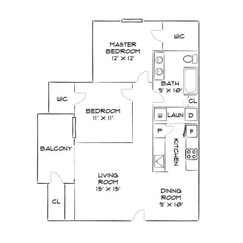 Elegant floor plan showcasing a master bedroom, additional bedroom, expansive living room, modern kitchen, dining area, and private balcony.