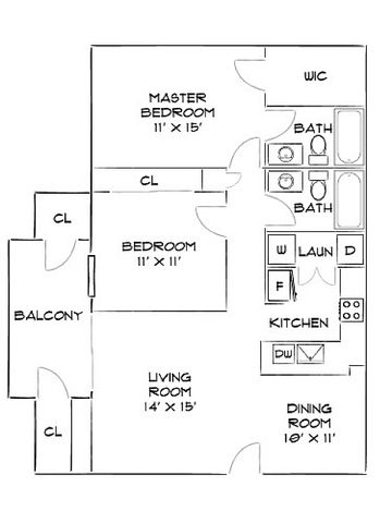 Elegant floor plan showcasing a master bedroom with walk-in closet, secondary bedroom, two bathrooms, spacious living room, and modern kitchen with laundry area and dining room, plus a charming balcony.