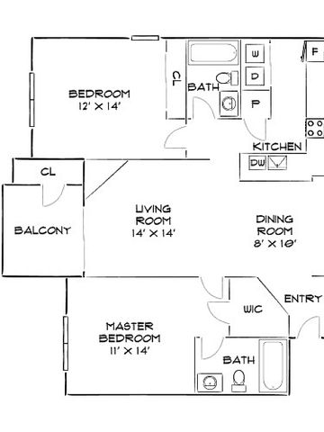 Elegant floor plan showcasing 2 bedrooms, 2 baths, open living and dining areas, a modern kitchen, and a private balcony.