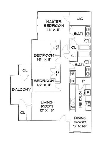Elegant floor plan showcasing 3 bedrooms with ample storage, modern kitchen, and cozy living room, complete with a balcony and dining area.