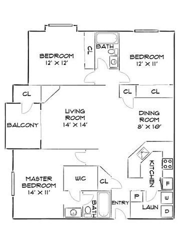 Charming 3-bedroom floor plan showcasing an open living room, cozy dining area, and modern kitchen with convenient laundry space.