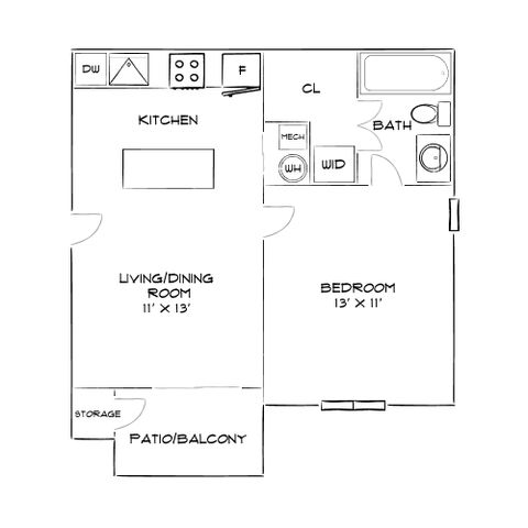 Inviting 1-bedroom floor plan showcasing an open kitchen, cozy living/dining area, and a private patio/balcony.