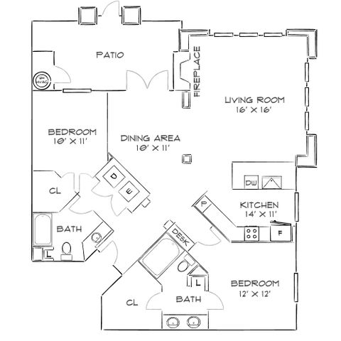 Charming floor plan featuring 2 bedrooms, spacious living room with fireplace, and patio access from dining area.