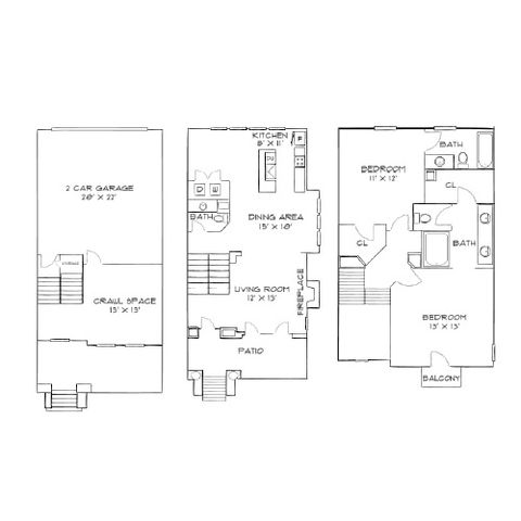 Elegant multi-level floor plan with 2 bedrooms, spacious living and dining areas, modern kitchen, two baths, and a cozy patio, featuring a 2-car garage and balcony.