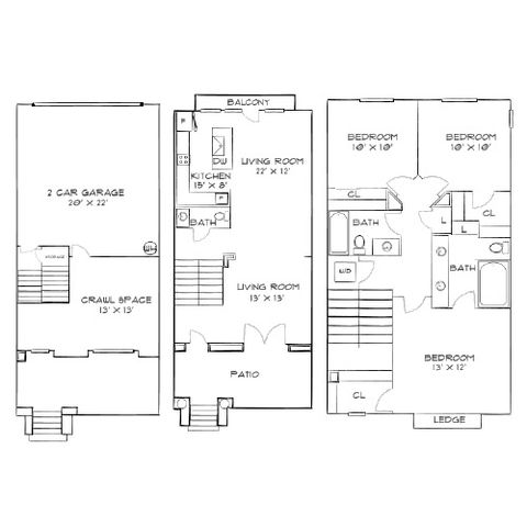 Elegant 3-story floor plan featuring a 2-car garage, spacious living room with balcony, open kitchen, and two cozy bedrooms with en-suite baths.