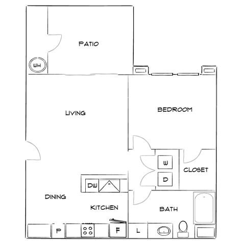 Modern floor plan showcasing a spacious one-bedroom apartment with a cozy patio, open living and dining area, functional kitchen, and well-sized bathroom.