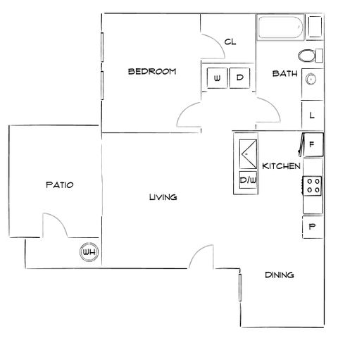 Charming floor plan with 1 bedroom, modern kitchen, cozy living area, and inviting patio.