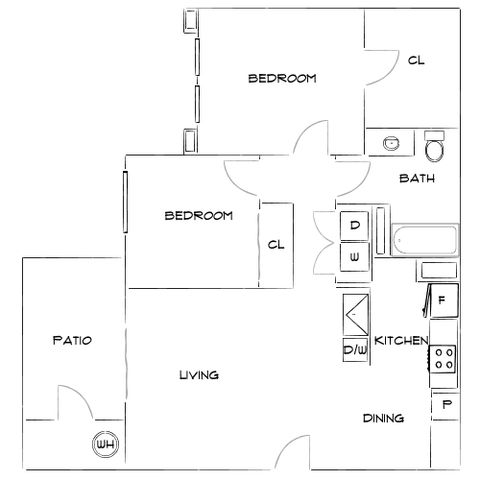 Inviting floor plan showcasing two bedrooms, a spacious living area, modern kitchen, dining space, and private patio.