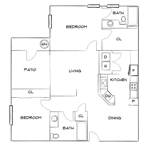 Modern apartment floor plan with 2 bedrooms, 2 bathrooms, spacious living room, open kitchen, dining area, and private patio.