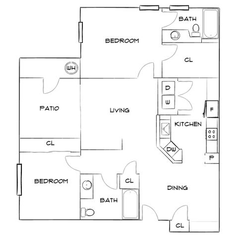 Charming floor plan featuring two bedrooms, two baths, open living area, kitchen, and a cozy patio for relaxation.