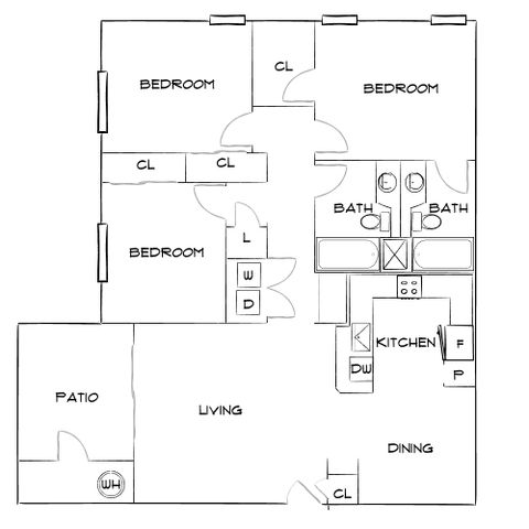 Charming floor plan showcasing 3 bedrooms, a spacious patio, modern kitchen, and open living-dining area, perfect for entertaining.