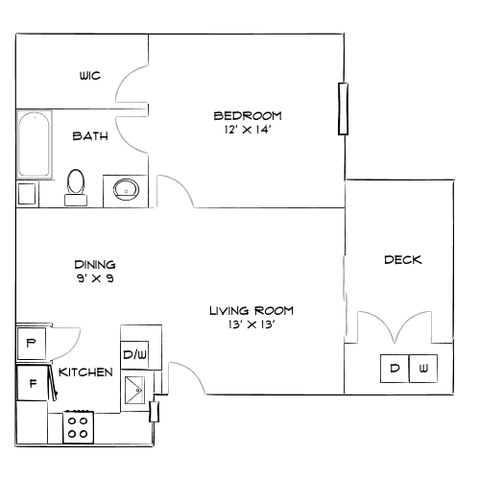 Charming floor plan showcasing a spacious 1-bedroom layout with 12\'x14\' dimensions, an inviting living room, efficient kitchen, integrated dining space, and a relaxing deck area.