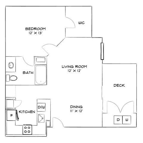 Beautiful 2D floor plan showcasing a spacious 1-bedroom layout with an open living room, dining area, modern kitchen, and a large deck.