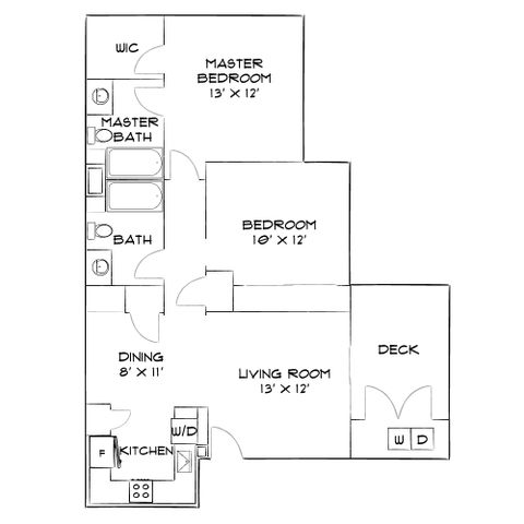 Charming floor plan with 2 bedrooms, spacious living room, modern kitchen, and a welcoming deck.