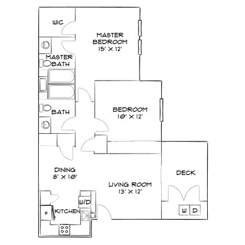 Inviting floor plan with a master bedroom and bath, additional bedroom, open dining and living area, and a private deck. Features a cozy kitchen, ample storage, and modern amenities.