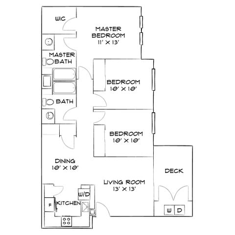 Modern floor plan featuring 3 cozy bedrooms, spacious living room, stylish kitchen, dining area, deck, and ample storage space.