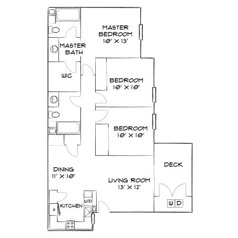 Inviting floor plan featuring 3 bedrooms, a spacious living room, and a bright deck area, perfect for comfortable living.