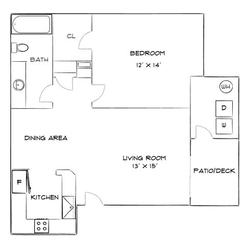 Charming floor plan showcasing a spacious bedroom, cozy living room with patio, and modern kitchen.