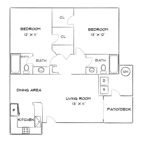 Modern 2D floor plan featuring 2 bedrooms, 2 bathrooms, open living and dining area, a functional kitchen, and a private patio/deck.
