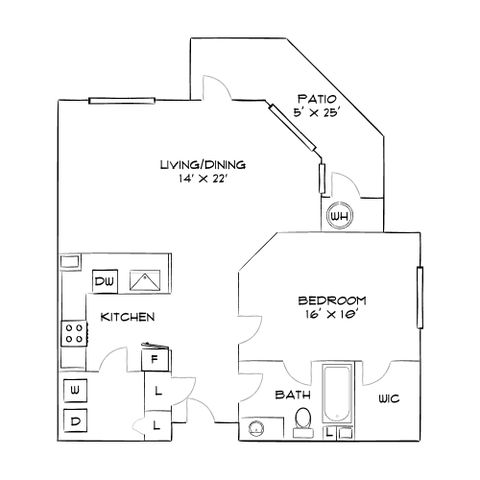 Spacious floor plan featuring 1 bedroom, open kitchen, and inviting living/dining area with patio access.