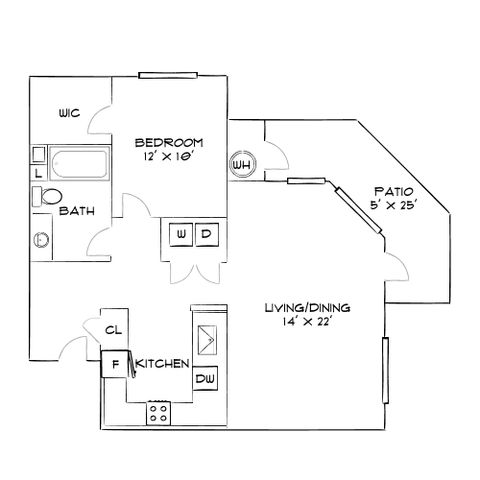 Charming floor plan showcasing a spacious 1-bedroom apartment with an open living/dining area, modern kitchen, and extended patio.