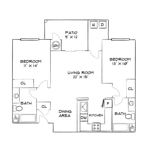Modern floor plan showcasing two bedrooms, a spacious living room, and a stylish dining area with a patio.