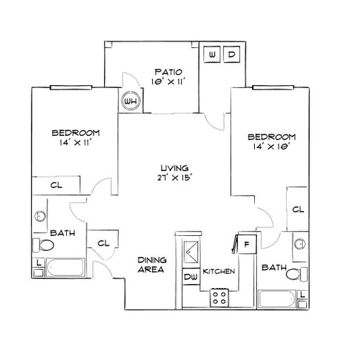 Modern floor plan displaying two spacious bedrooms, two elegant bathrooms, open living and dining areas, a functional kitchen, and a cozy patio.