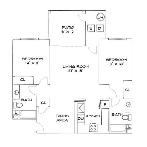Modern floor plan with 2 spacious bedrooms, open living room, dining area, well-equipped kitchen, and inviting patio.