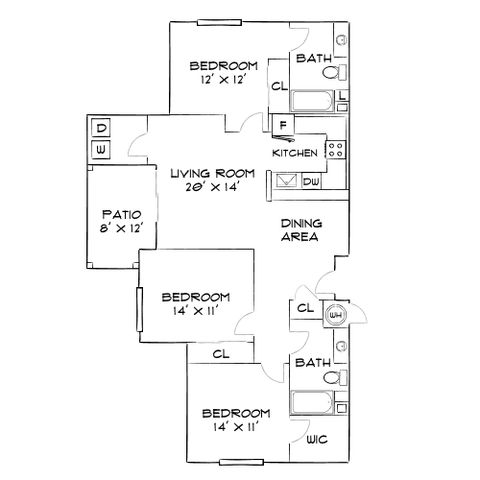 Inviting floor plan showcasing 3 bedrooms, a spacious living room, and charming patio, ideal for modern living.