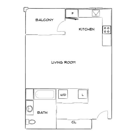 Modern floor plan showcasing an open living room with a balcony, sleek kitchen, and cozy bath area.