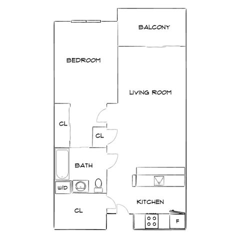 Charming apartment floor plan showcasing 1 bedroom, modern kitchen, spacious living room, and private balcony.