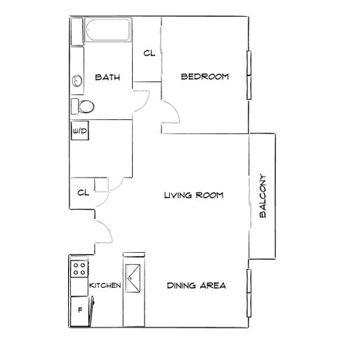 Charming floor plan featuring a spacious bedroom, open living room with balcony access, modern kitchen, and cozy dining area.