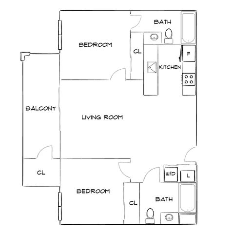Modern 2D floor plan showcasing 2 spacious bedrooms, an open living room, well-appointed kitchen, dual bathrooms, and a private balcony.
