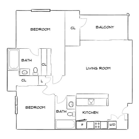 Charming floor plan showcasing 2 bedrooms, a spacious living room, modern kitchen, and a relaxing balcony.