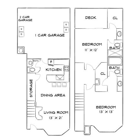 Modern floor plan featuring two bedrooms, open kitchen, spacious living area, and a three-car garage with a deck.