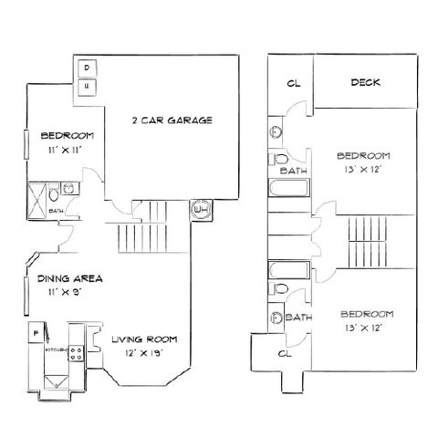 Charming two-level floor plan with 3 spacious bedrooms, a large living room, dining area, and a convenient 2-car garage, complemented by a deck for outdoor enjoyment.
