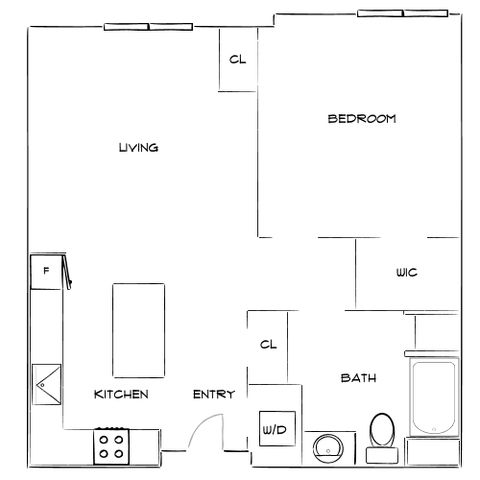 Elegant floor plan showcasing an open-concept living area, modern kitchen, spacious bedroom with walk-in closet, and convenient bath layout.