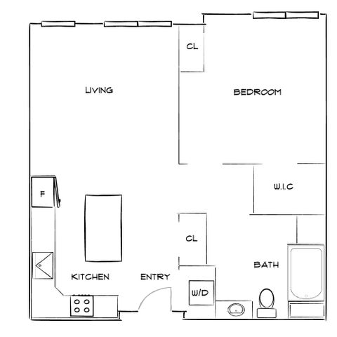 Modern floor plan showcasing a spacious 1-bedroom apartment with an open living area, contemporary kitchen, and a walk-in closet.